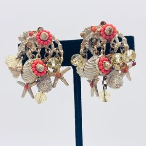 Arthur Pepper ART Signed Vintage Coral & Gold Seashell Charm Earrings